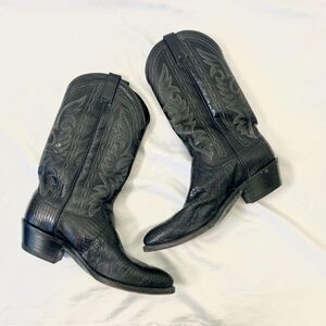 Vintage Western Dan Post Black Leather Lizard Cowboy Boots Men's US 9
